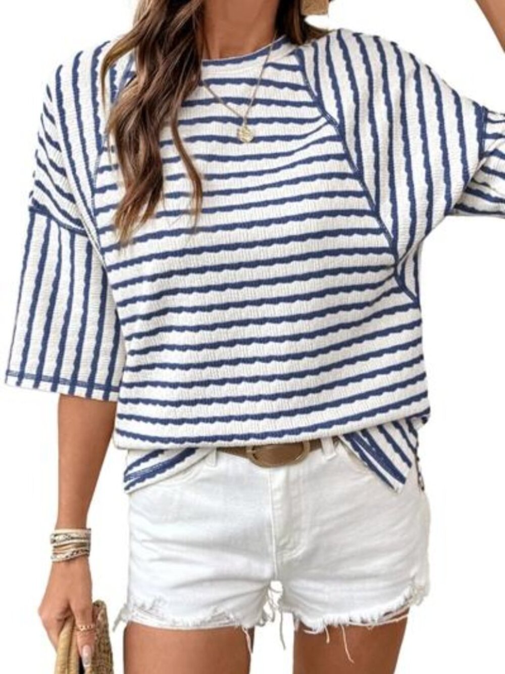 Womens Striped textured knit half sleeve top - navy blue and white